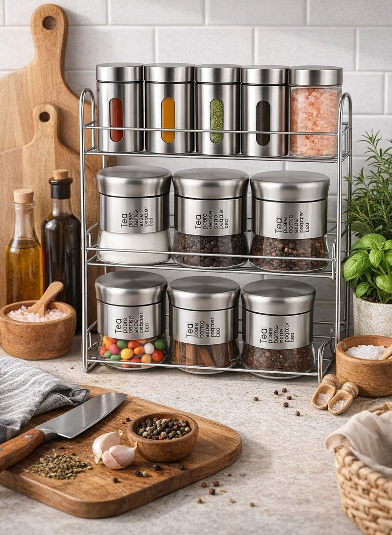 توشيونيكس طقم رفوف توابل زجاجية مكون من 12 قطعة مع رف من الفولاذ المقاوم للصدأ بثلاث طبقات | حاويات توابل كبيرة وصغيرة | منظم سطح المطبخ | فضي وشفاف | موديل T114741 - Image 1